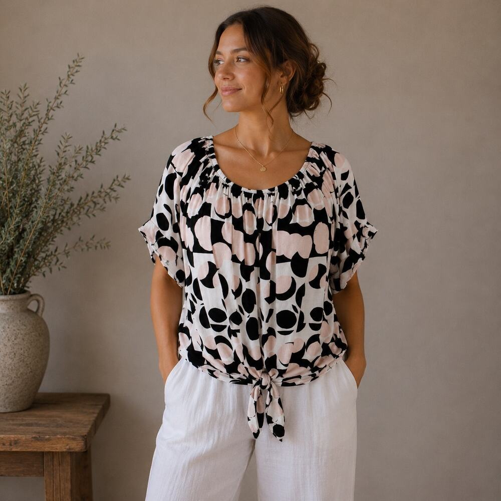 Joseph Ribkoff Pink Black White Knit On or Off Shoulder Abstract Circle Top 12